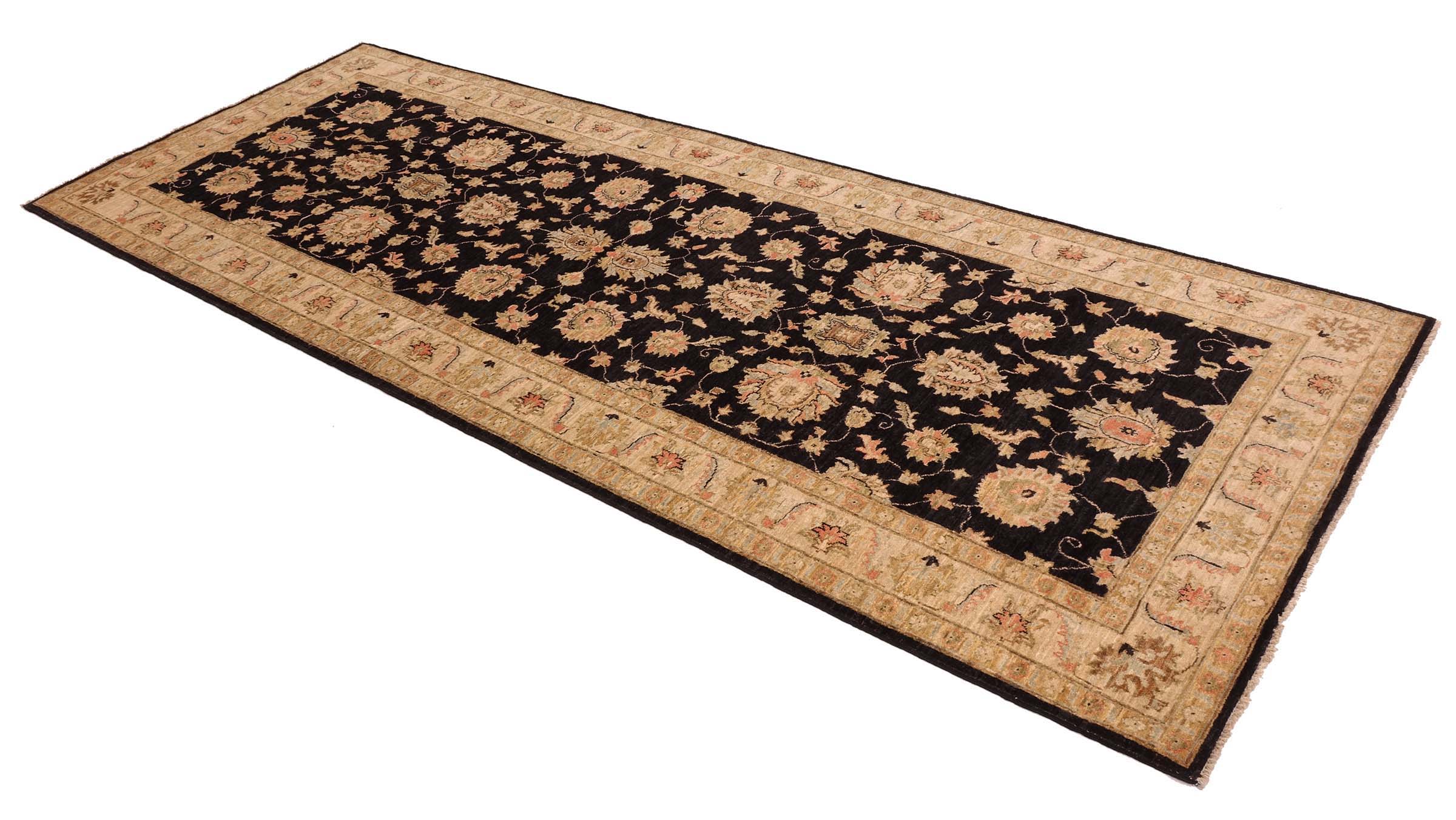 Chobi Ziegler Teppich 130x350 Handgeknüpft Läufer Schwarz Floral Orientalisch UNIKAT