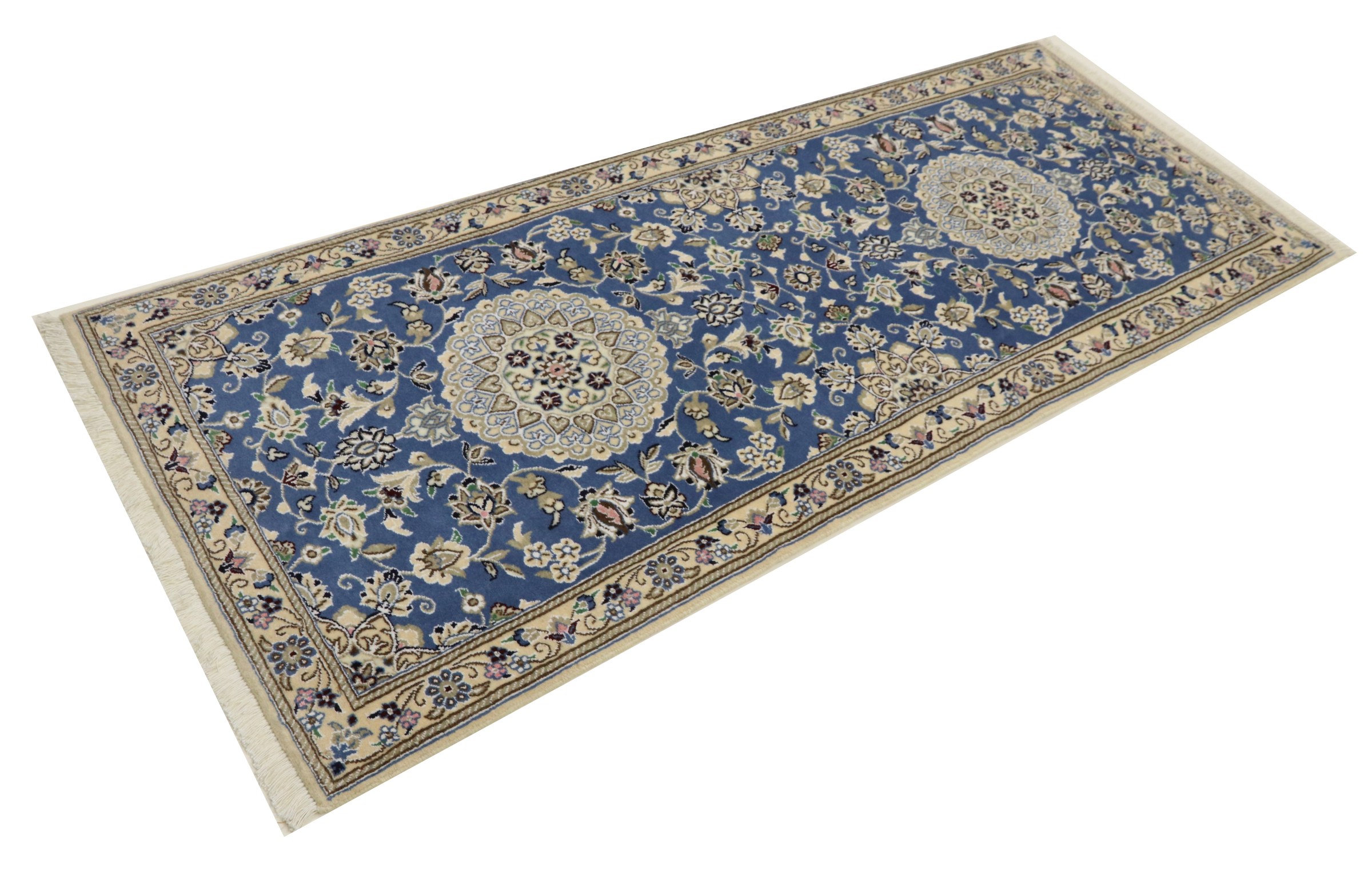 Perserteppich Nain 9LA 80x200 Handgeknüpft Blau Floral Orientalisch UNIKAT Kurzflor