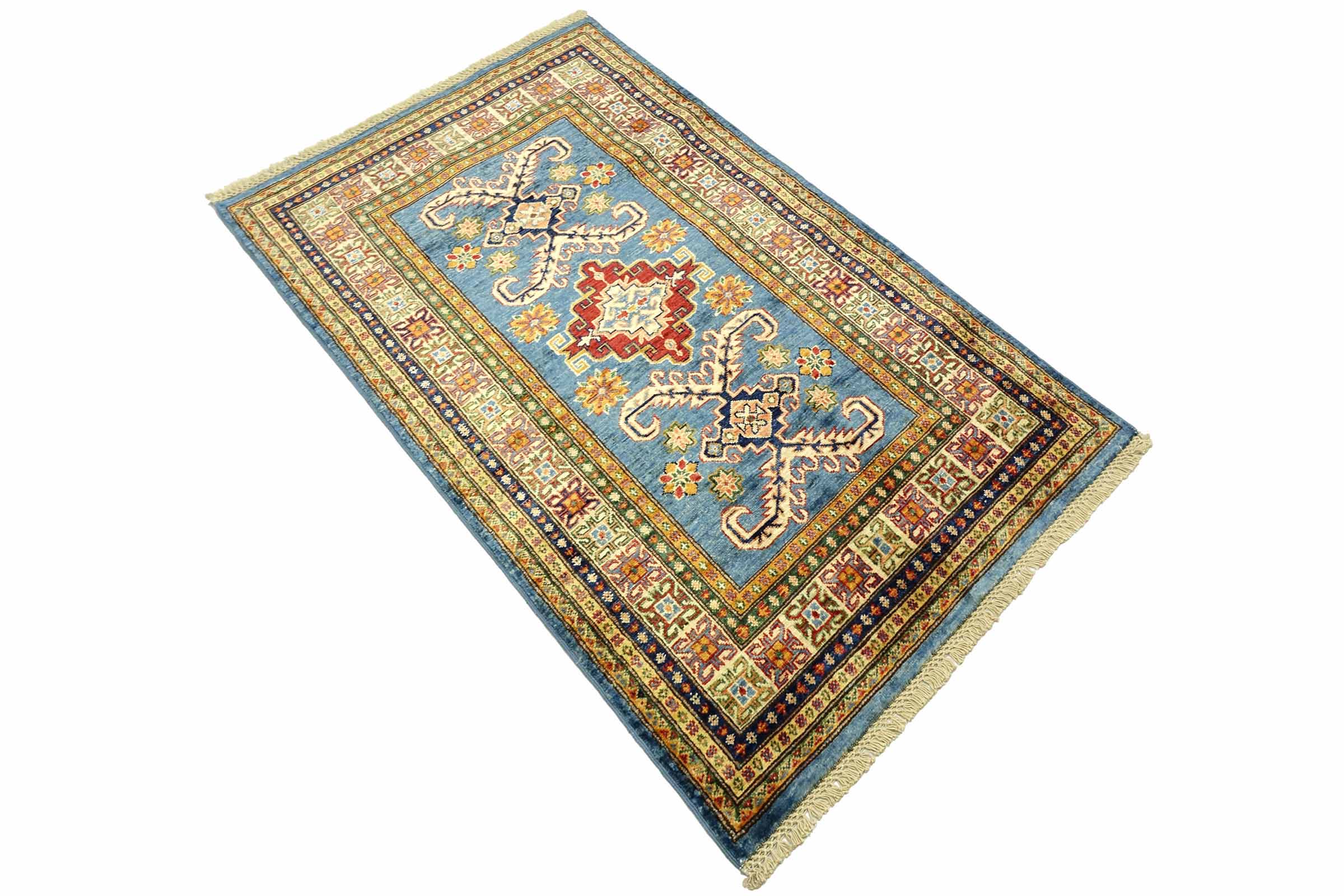 Afghan Kazak Fein 100x150 Handgeknüpft Orientteppich Blau Umrandung Wolle