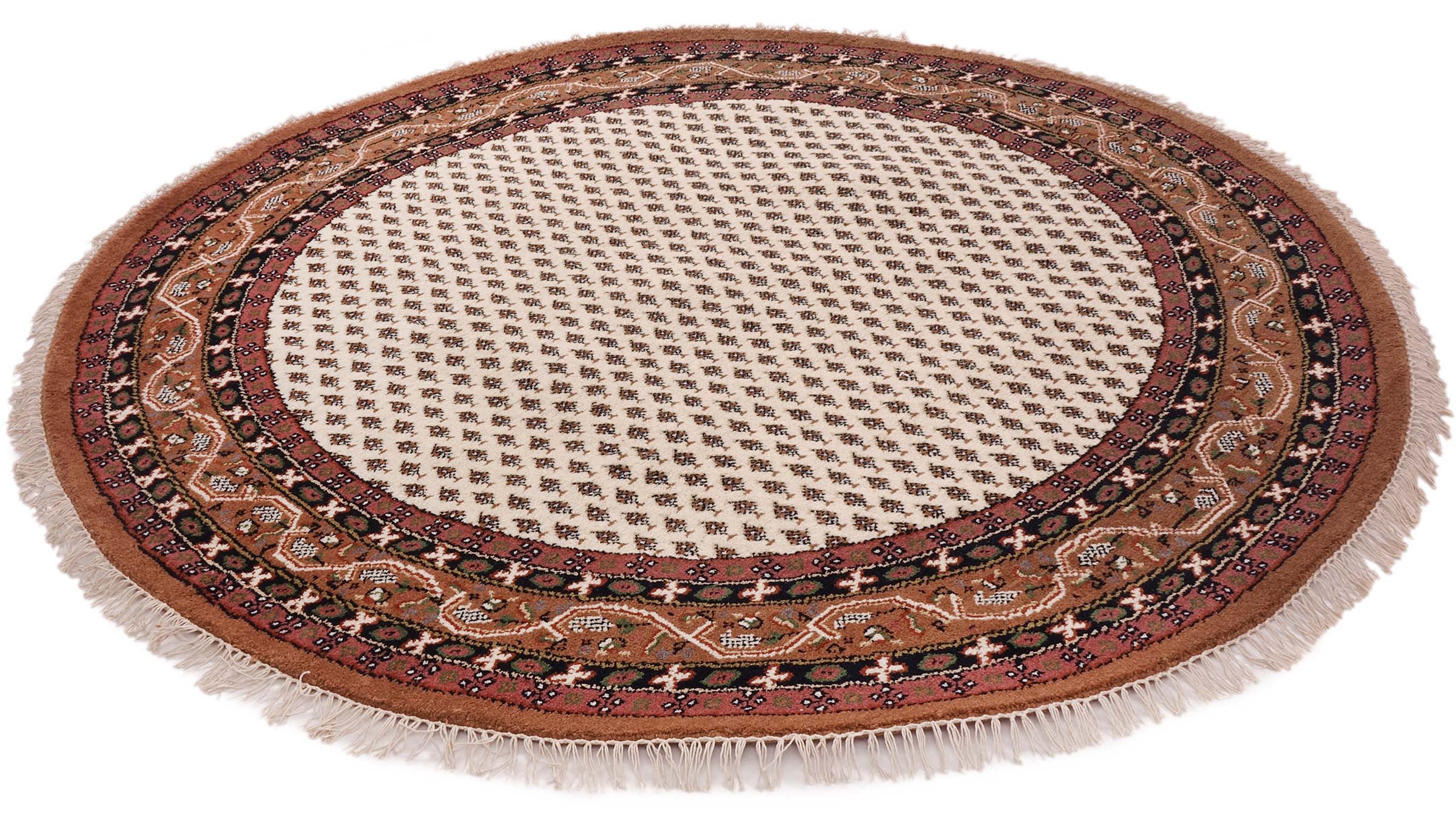 Runder Mir Sarough Teppich 200x200 Handgeknüpft Beige Umrandung Kurzflor Orient