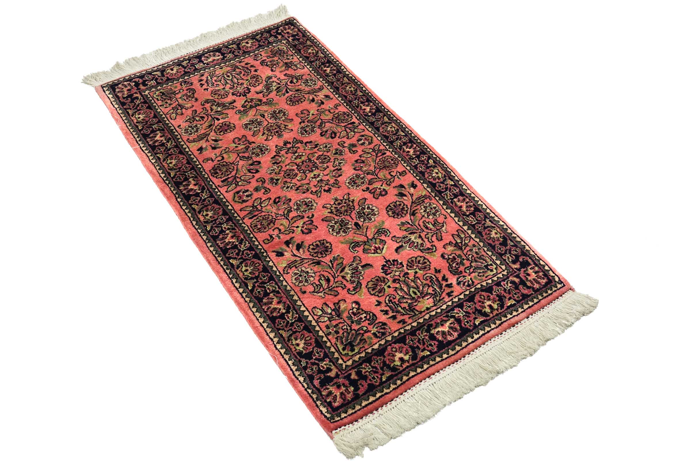 Sarough Teppich 70x140 Handgeknüpft Rosa Floral Wolle Kurzflor Rug