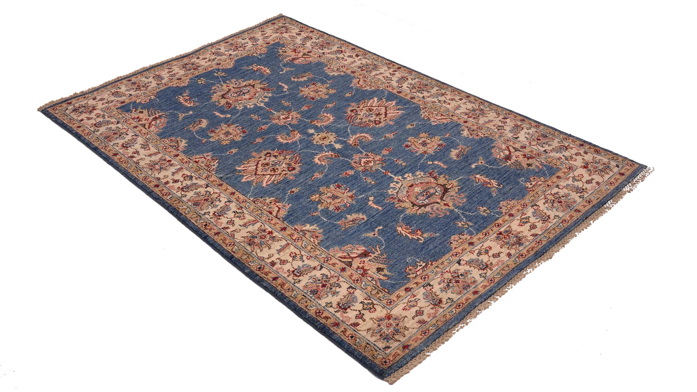 Chobi Ziegler Teppich 120x180 Handgeknüpft Blau Floral Orientalisch UNIKAT Kurzflor