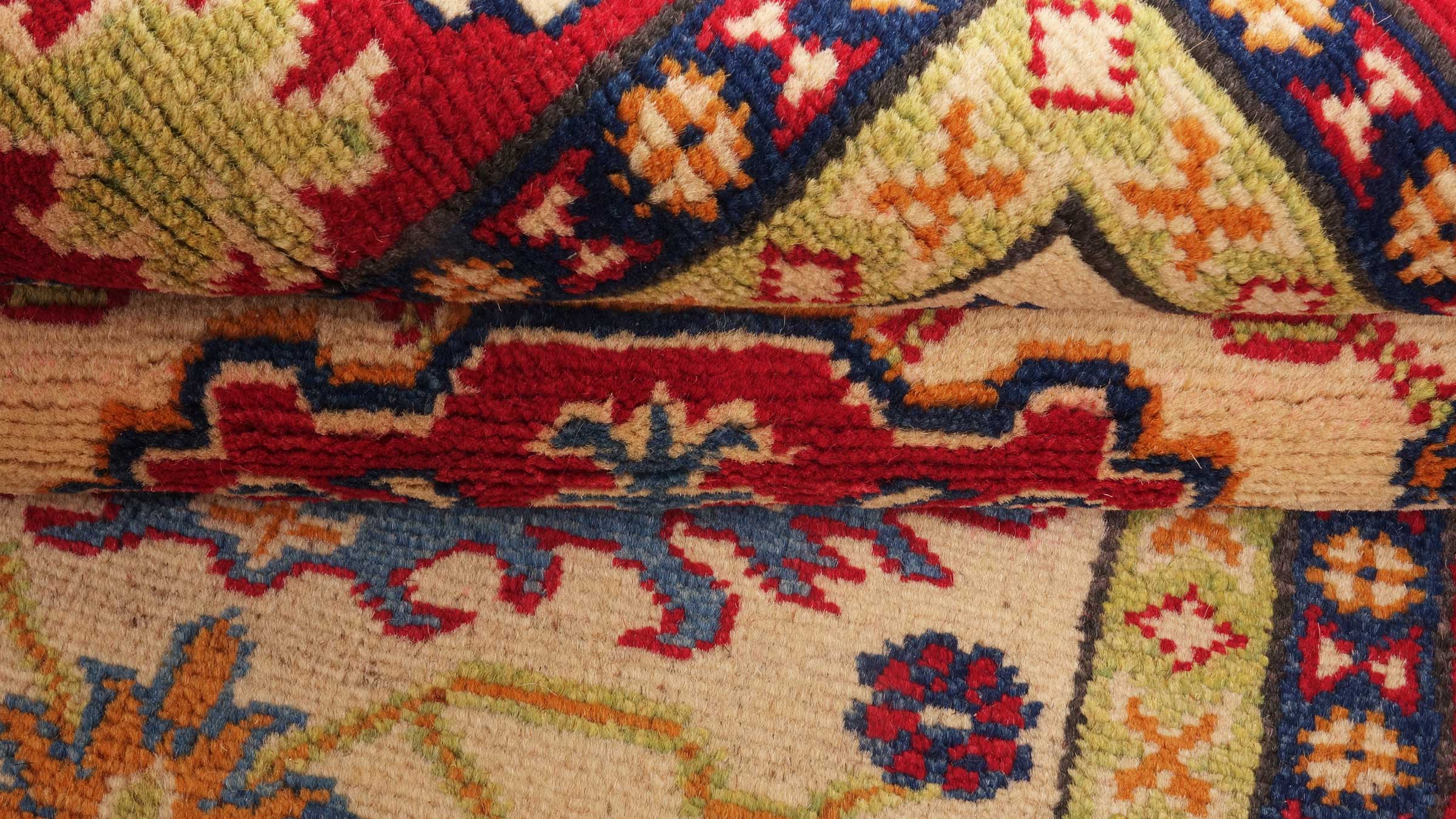 Kazak Teppich 80x300 Handgeknüpft Läufer Beige Floral Orientalisch UNIKAT Kurzflor
