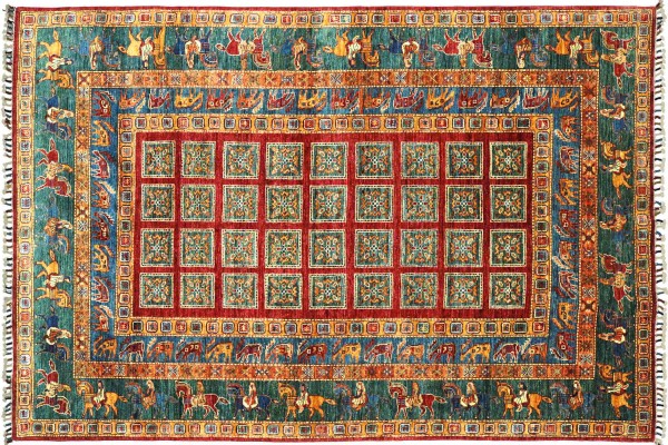 Afghan Ziegler Khorjin Tiere 239x171 Handgeknüpft Orientteppich 170x240 grün Umrandung