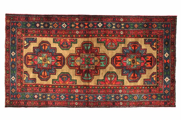 Perser Hamadan 205x125 Handgeknüpft Teppich 130x210 Rot Geometrisch Muster Kurzflor