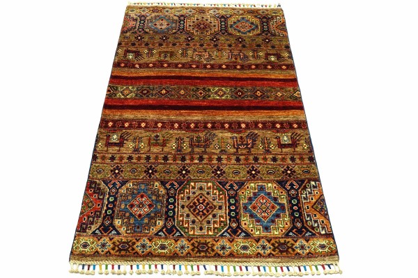 Afghan Ziegler Shaal Tiere 154x102 Handgeknüpft Orientteppich 100x150 Grau Streifen