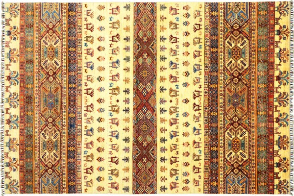 Afghan Ziegler Khorjin Tiere 301x202 Handgeknüpft Orientteppich 200x300 Beige Streifen