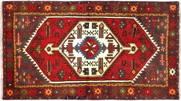 Perser Hamadan 152x94 Handgeknüpft Orientteppich 90x150 Rot Medaillon Wolle Kurzflor