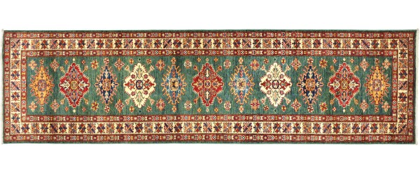 Afghan Kazak Fein 274x81 Handgeknüpft Orientteppich 80x270 Läufer Grün Geometrisch