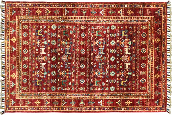 Afghan Ziegler Khorjin Tiere 150x102 Handgeknüpft Orientteppich 100x150 Rot Umrandung