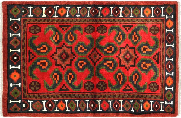 Perser Hamadan 140x100 Handgeknüpft Orientteppich 100x140 Rot Umrandung Wolle Kurzflor