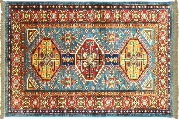 Afghan Kazak Fein 125x81 Handgeknüpft Orientteppich 80x130 Rot Umrandung Wolle Kurzflor