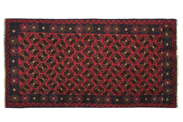 Afghan Belutsch 130x80 Handgeknüpft Teppich 80x130 Rot Geometrisch Muster Kurzflor