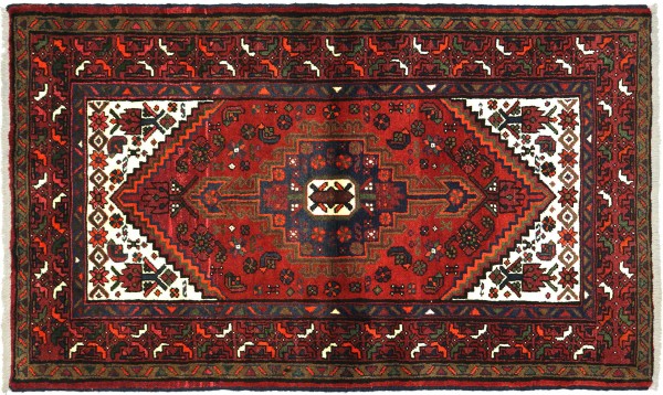 Perser Hamadan 144x97 Handgeknüpft Orientteppich 100x140 Rot Medaillon Wolle Kurzflor