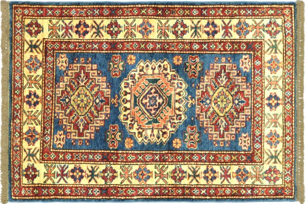 Afghan Super Kazak 117x82 Handgeknüpft Orientteppich 80x120 Blau Umrandung Wolle