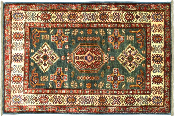 Afghan Kazak Fein 125x84 Handgeknüpft Orientteppich 80x130 Grün Umrandung Wolle
