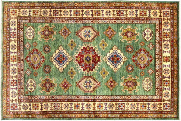 Afghan Kazak Fein 199x152 Handgeknüpft Orientteppich 150x200 Grün Geometrisch Wolle