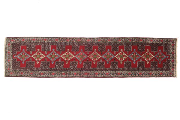 Perser Senneh-Läufer 402x90 Handgeknüpft Teppich 90x400 Läufer Rot Geometrisch Kurzflor