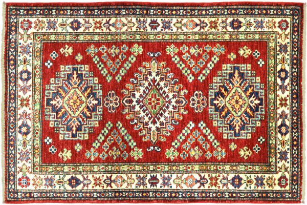 Afghan Superkazak 124x81 Handgeknüpft Orientteppich 80x120 Rot Umrandung Wolle Kurzflor