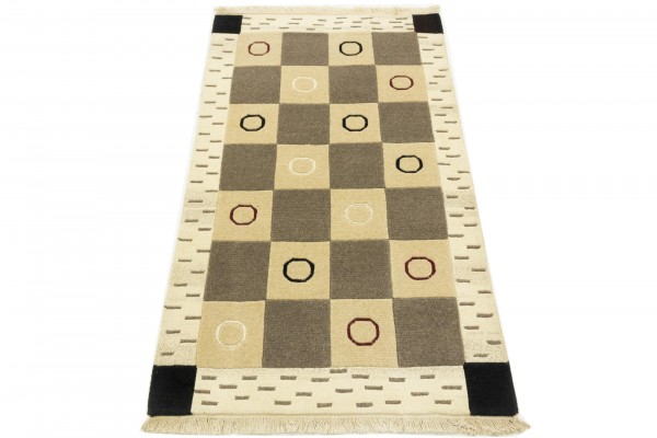 Nepal 152x91 Handgeknüpft Teppich 90x150 Beige Kariert Kurzflor Orient Rug