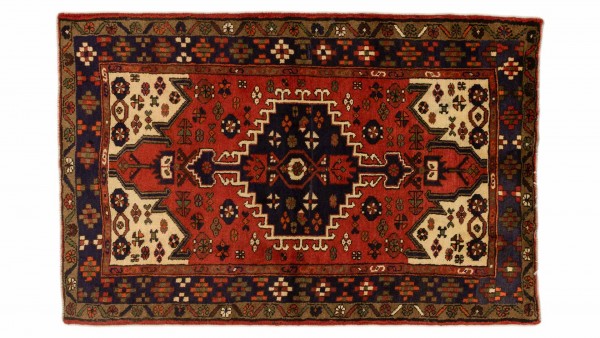 Perser Hamadan 142x92 Handgeknüpft Teppich 90x140 Mehrfarbig Medaillon Kurzflor Orient
