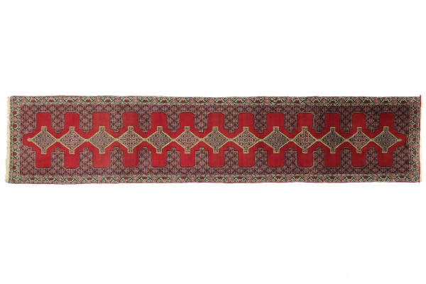 Perser Senneh-Läufer 390x90 Handgeknüpft Teppich 90x390 Läufer Rot Geometrisch Kurzflor