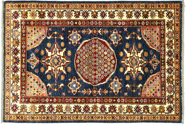 Afghan Kazak Fein 127x90 Handgeknüpft Orientteppich 90x130 Blau Umrandung Wolle