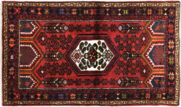 Perser Hamadan 144x95 Handgeknüpft Orientteppich 100x140 Rot Medaillon Wolle Kurzflor