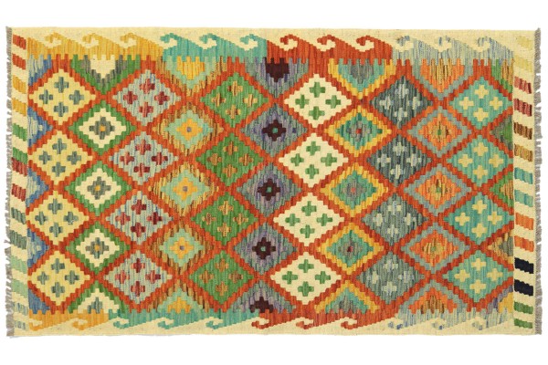 Afghan Maimana Kelim Bunt 128x85 Handgewebt Teppich 90x130 Bunt Geometrisch Orient