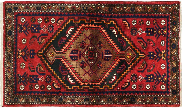 Perser Hamadan 130x88 Handgeknüpft Orientteppich 90x130 Rot Medaillon Wolle Kurzflor