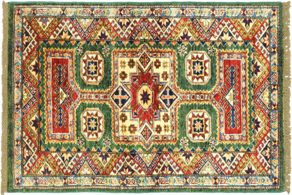 Afghan Superkazak 119x74 Handgeknüpft Orientteppich 70x120 Grün Umrandung Wolle