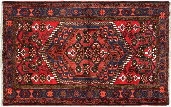Perser Hamadan 145x100 Handgeknüpft Orientteppich 100x150 Rot Medaillon Wolle Kurzflor