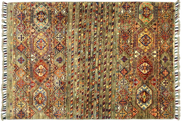 Afghan Khorjin Shaal 139x104 Handgeknüpft Orientteppich 100x140 Braun Streifen Wolle