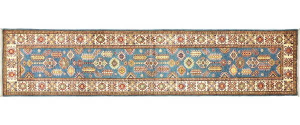 Afghan Kazak Fein 319x75 Handgeknüpft Orientteppich 80x320 Läufer Blau Geometrisch