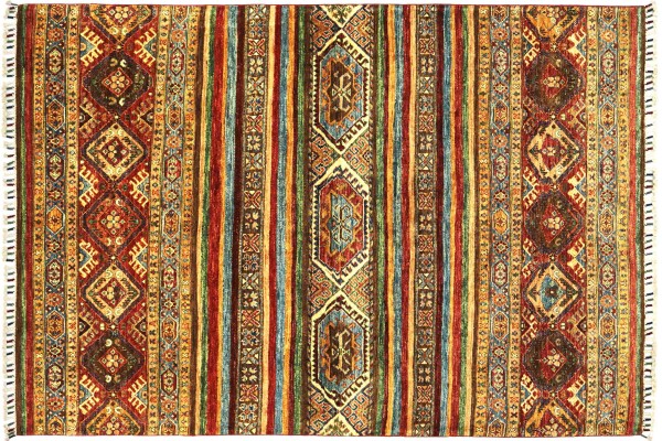 Afghan Ziegler Khorjin 196x151 Handgeknüpft Orientteppich 150x200 Rot Streifen Wolle