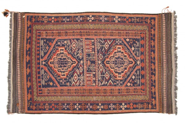 Afghan Taimani Kelim 208x126 Handgewebt Teppich 130x210 Blau Geometrisch Muster