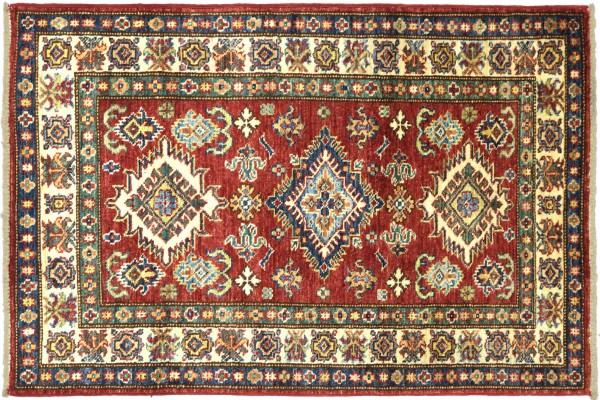 Afghan Kazak Fein 128x78 Handgeknüpft Orientteppich 80x130 Rot Umrandung Wolle Kurzflor