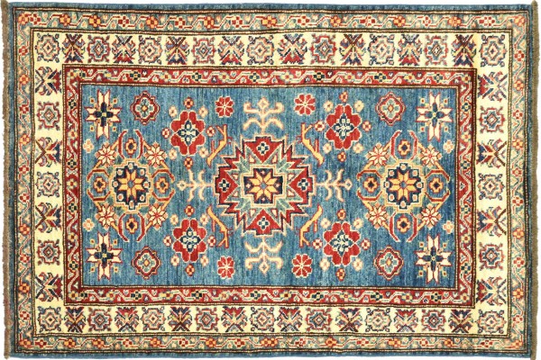 Afghan Kazak Fein 119x90 Handgeknüpft Orientteppich 90x120 Blau Umrandung Wolle