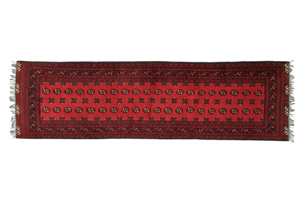 Afghan Aqcha 284x78 Handgeknüpft Teppich 80x280 Läufer Rot Geometrisch Kurzflor Orient