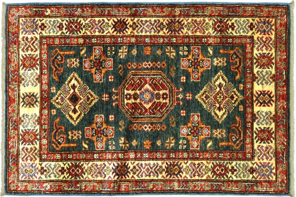 Afghan Kazak Fein 128x85 Handgeknüpft Orientteppich 90x130 Grau Umrandung Wolle