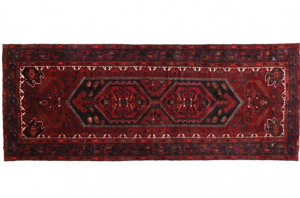 Perser Hamadan 330x138 Handgeknüpft Teppich 140x330 Rot Geometrisch Muster Kurzflor