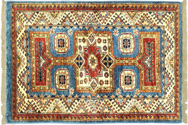 Afghan Super Kazak 121x74 Handgeknüpft Orientteppich 70x120 Hellblau Umrandung Wolle