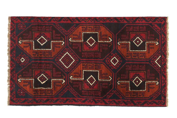 Afghan Belutsch 130x80 Handgeknüpft Teppich 80x130 Rot Geometrisch Muster Kurzflor