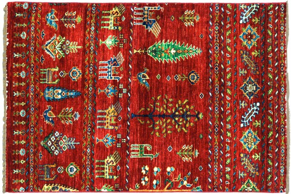 Afghan Ziegler Ariana Nomadenmuster 135x89 Handgeknüpft Orientteppich 90x140 Rot Baum
