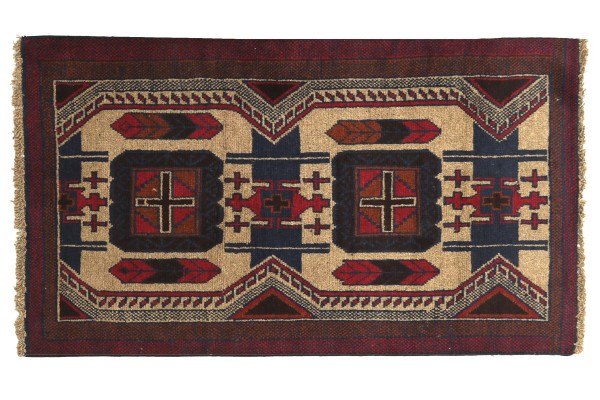 Afghan Belutsch 130x80 Handgeknüpft Teppich 80x130 Rot Geometrisch Muster Kurzflor