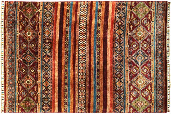 Afghan Ziegler Khorjin 201x154 Handgeknüpft Orientteppich 150x200 Rot Streifen Wolle