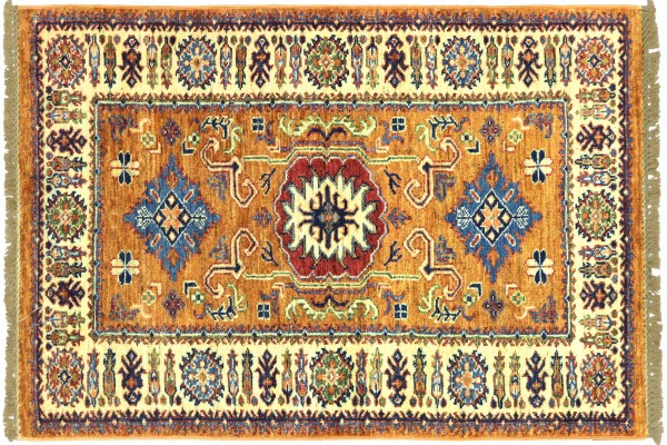 Afghan Kazak Fein 120x73 Handgeknüpft Orientteppich 70x120 Umrandung Wolle Kurzflor Rug