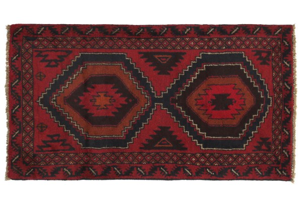 Afghan Belutsch 130x80 Handgeknüpft Teppich 80x130 Rot Geometrisch Muster Kurzflor