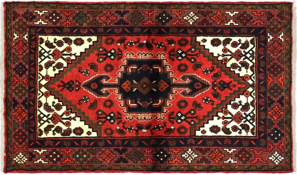 Perser Hamadan 141x97 Handgeknüpft Orientteppich 100x140 Rot Medaillon Wolle Kurzflor