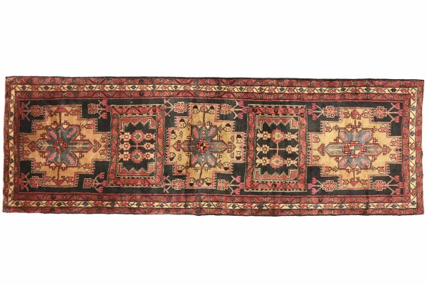 Perser Hamadan 330x120 Handgeknüpft Teppich 120x330 Läufer Mehrfarbig Geometrisch